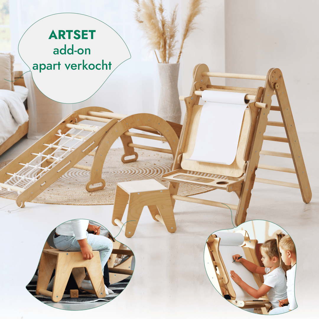 4-in-1 Montessori-klimrekset: Driehoek Ladder + Boog/Schommelstoel + Glijbaan/Helling + Touwennet