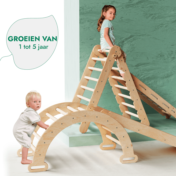 4-in-1 Montessori-klimrekset: Driehoek Ladder + Boog/Schommelstoel + Glijbaan/Helling + Touwennet