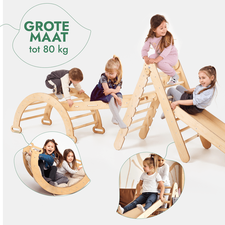 4-in-1 Montessori-klimrekset: Driehoek Ladder + Boog/Schommelstoel + Glijbaan/Helling + Touwennet