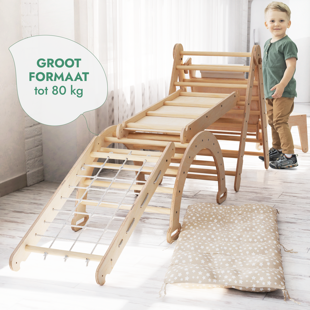 6-in-1 Montessori-Klimrek Set: Driehoek Ladder + Boog/Schommelstoel + Glijbaan/Helling + Net + Kussen + kunsttoevoeging