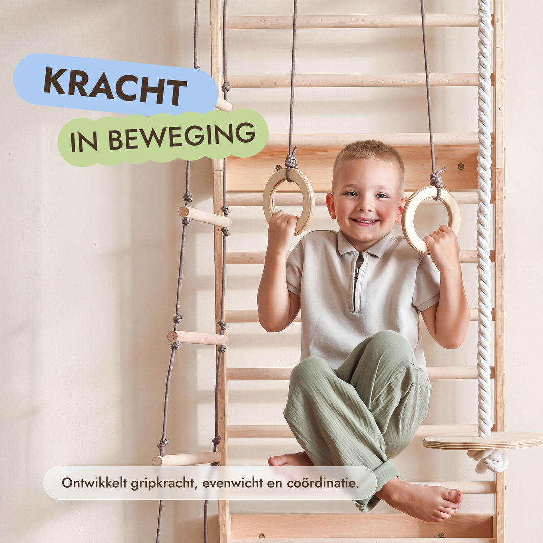 5-in-1 Houten Klimrek voor kinderen met optrekstang & 3in1 schommelset