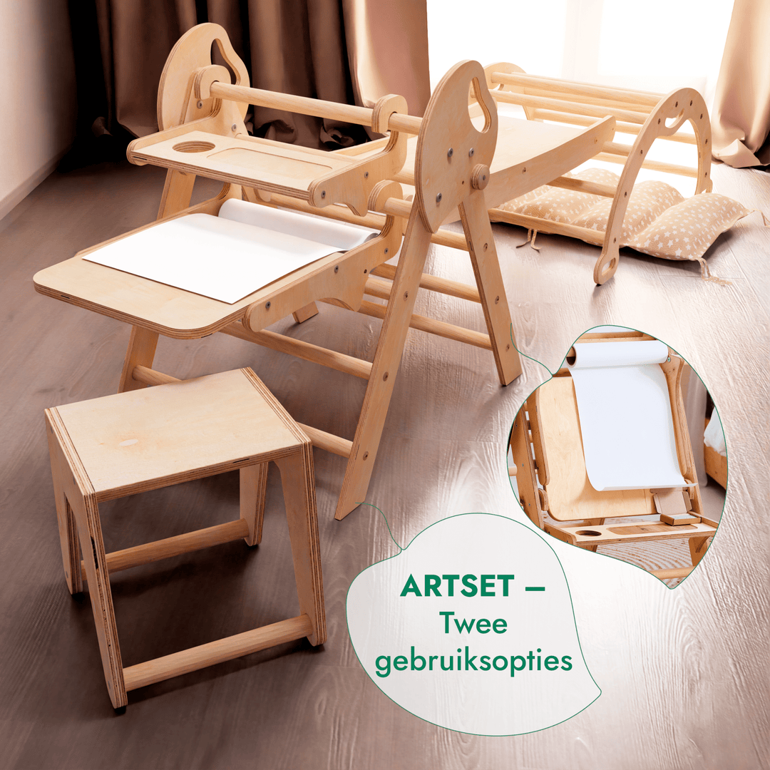 5-in-1 Klimset voor Peuters: Driehoek Ladder + Klimboog + Glijbaan + Kunsttoevoeging + Kussen (1-3 jaar)