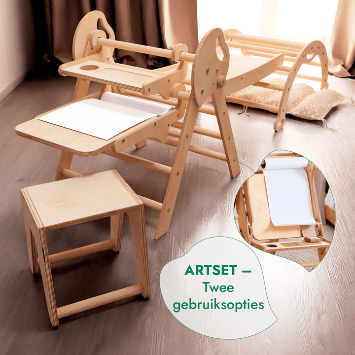 5-in-1 Klimset voor Peuters: Driehoek Ladder + Klimboog + Glijbaan + Kunsttoevoeging + Kussen (1-3 jaar)