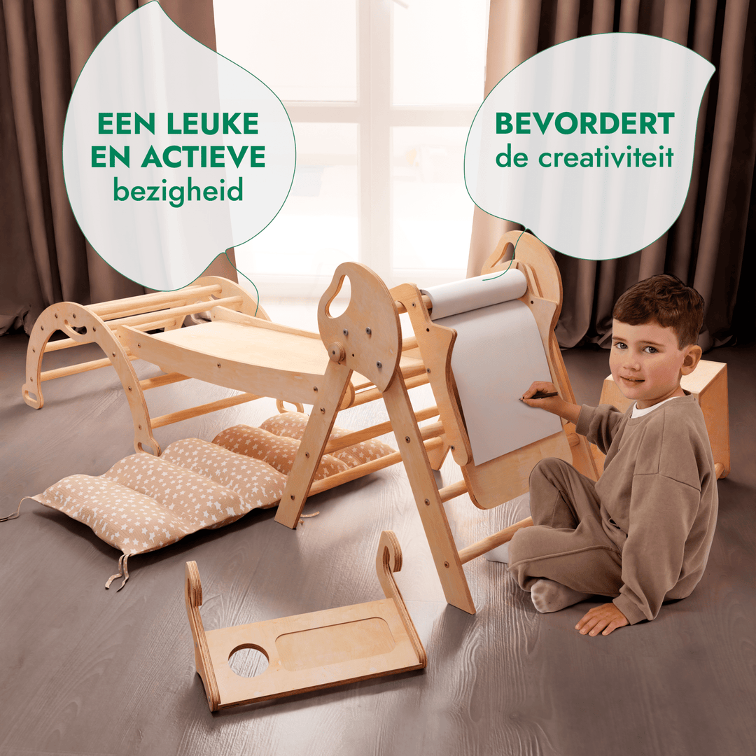 5-in-1 Klimset voor Peuters: Driehoek Ladder + Klimboog + Glijbaan + Kunsttoevoeging + Kussen (1-3 jaar)