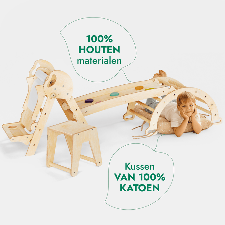 5-in-1 Klimset voor Peuters: Driehoek Ladder + Klimboog + Glijbaan + Kunsttoevoeging + Kussen (1-3 jaar)