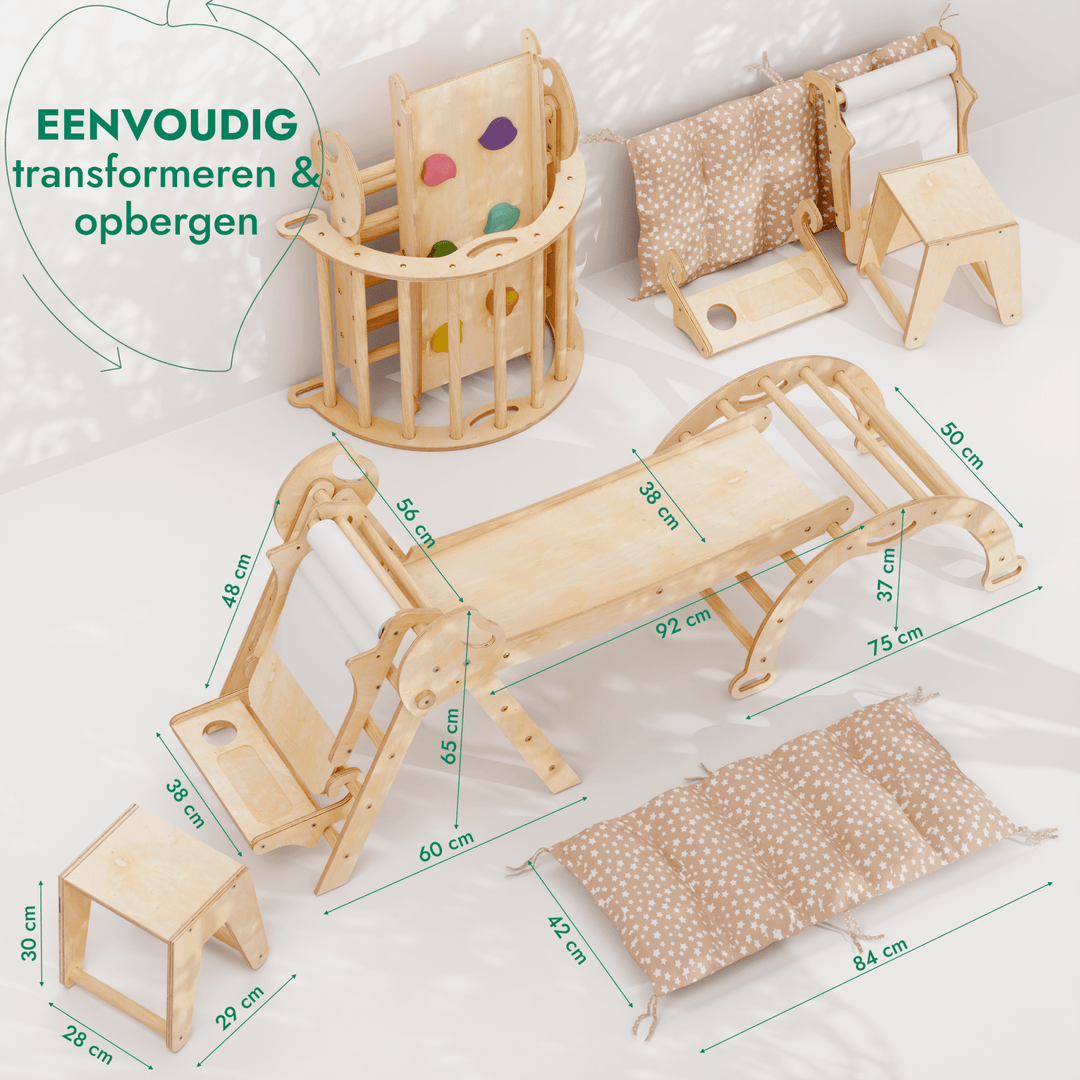 5-in-1 Klimset voor Peuters: Driehoek Ladder + Klimboog + Glijbaan + Kunsttoevoeging + Kussen (1-3 jaar)