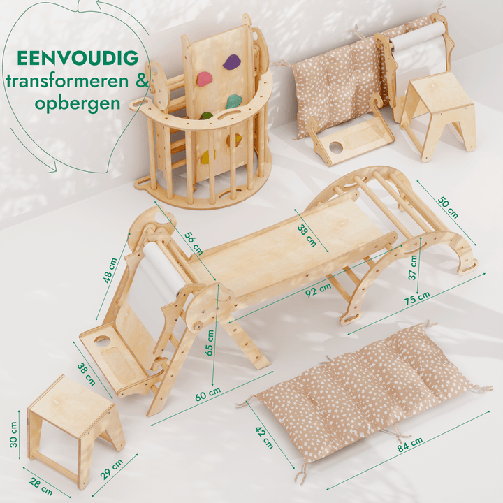 5-in-1 Klimset voor Peuters: Driehoek Ladder + Klimboog + Glijbaan + Kunsttoevoeging + Kussen (1-3 jaar)