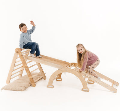 5-in-1 Montessori-Klimrek Set: Driehoek Ladder + Klimboog/Schommelstoel + Glijbaan/Helling + Touwennet + Kussen