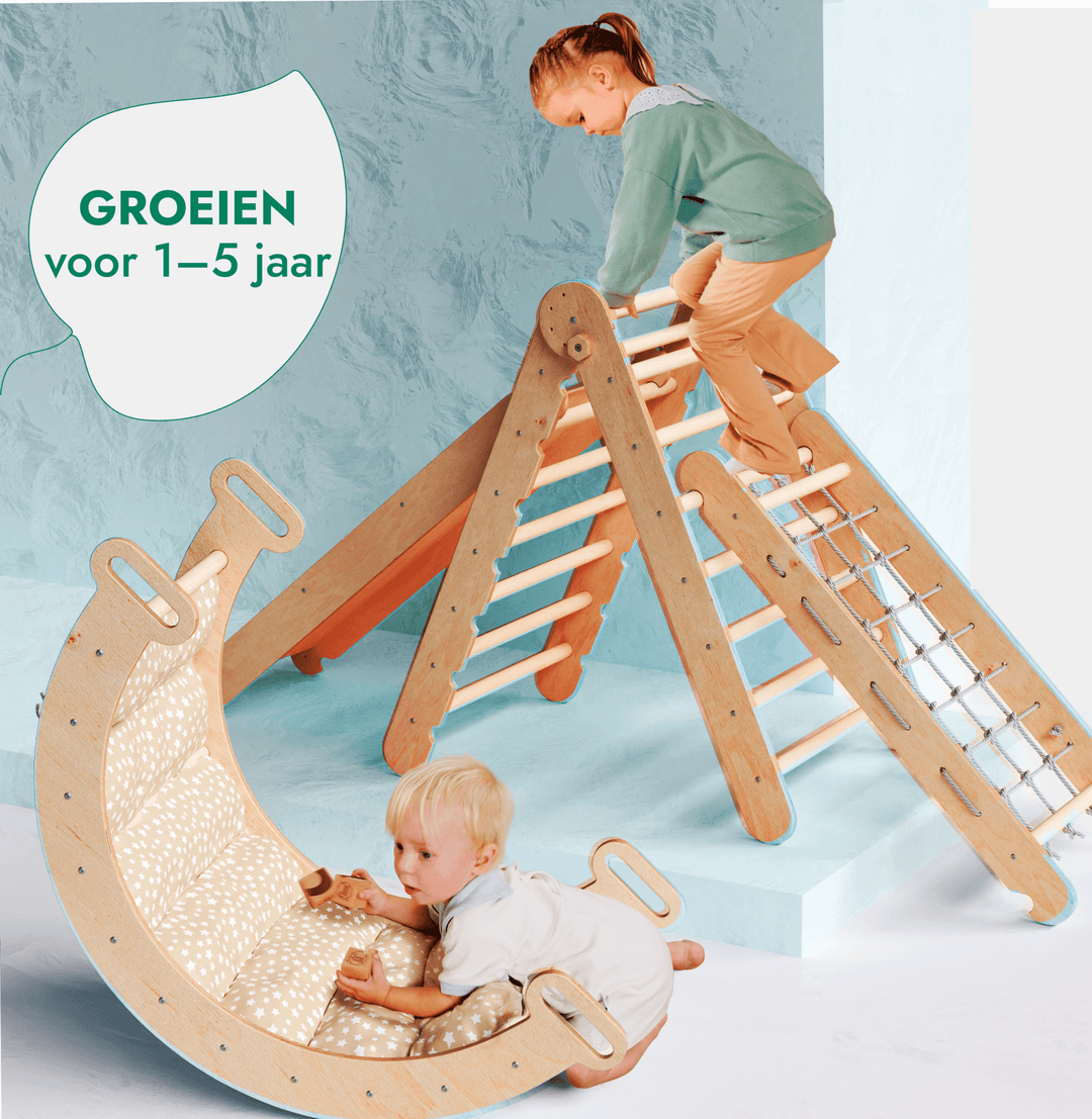 5-in-1 Montessori-Klimrek Set: Driehoek Ladder + Klimboog/Schommelstoel + Glijbaan/Helling + Touwennet + Kussen