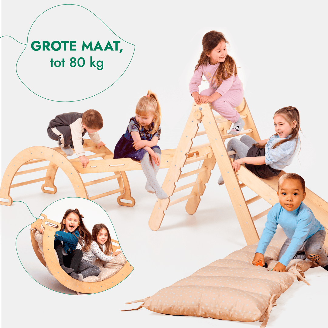 5-in-1 Montessori-Klimrek Set: Driehoek Ladder + Klimboog/Schommelstoel + Glijbaan/Helling + Touwennet + Kussen