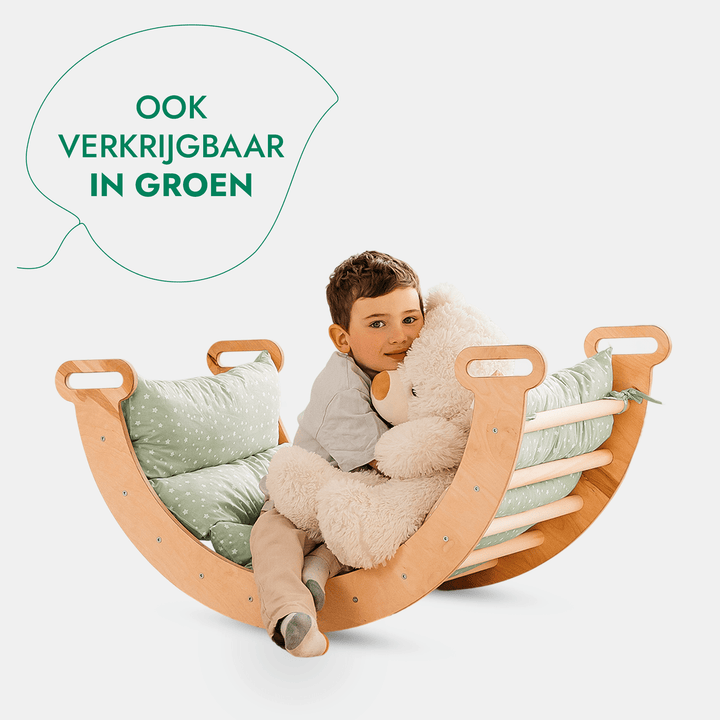 5-in-1 Montessori-Klimrek Set: Driehoek Ladder + Klimboog/Schommelstoel + Glijbaan/Helling + Touwennet + Kussen