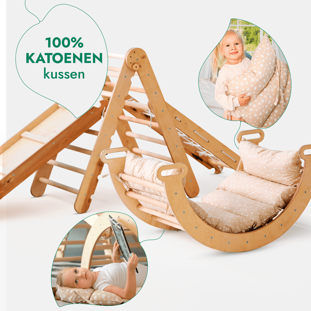5-in-1 Montessori-Klimrek Set: Driehoek Ladder + Klimboog/Schommelstoel + Glijbaan/Helling + Touwennet + Kussen
