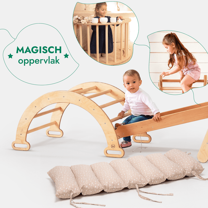 5-in-1 Montessori-Klimrek Set: Driehoek Ladder + Klimboog/Schommelstoel + Glijbaan/Helling + Touwennet + Kussen