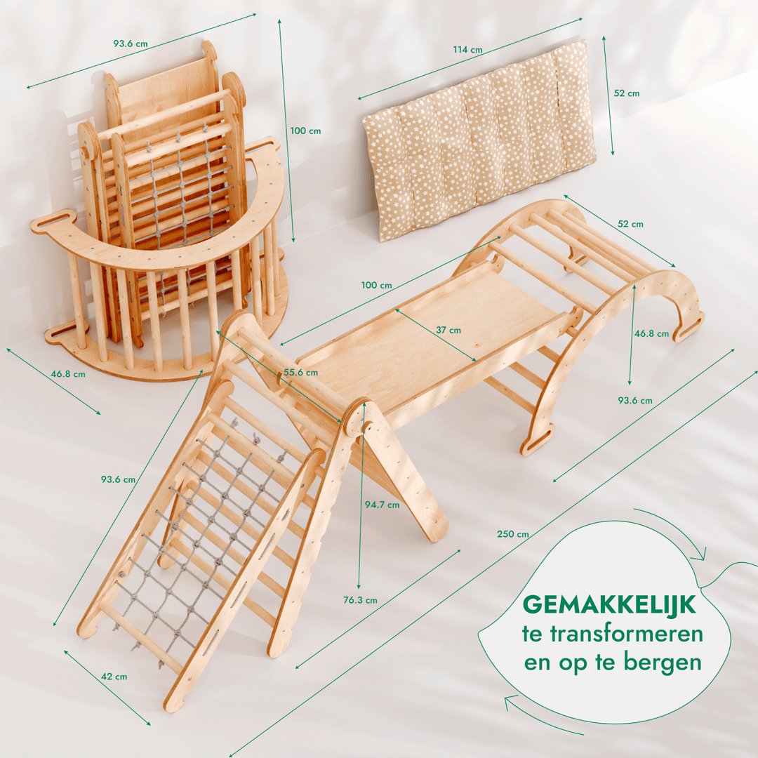 5-in-1 Montessori-Klimrek Set: Driehoek Ladder + Klimboog/Schommelstoel + Glijbaan/Helling + Touwennet + Kussen