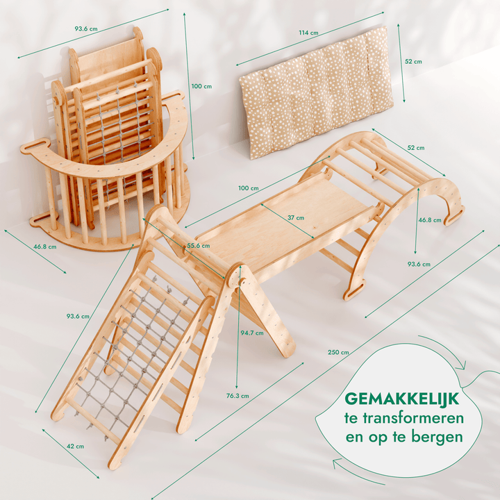 5-in-1 Montessori-Klimrek Set: Driehoek Ladder + Klimboog/Schommelstoel + Glijbaan/Helling + Touwennet + Kussen