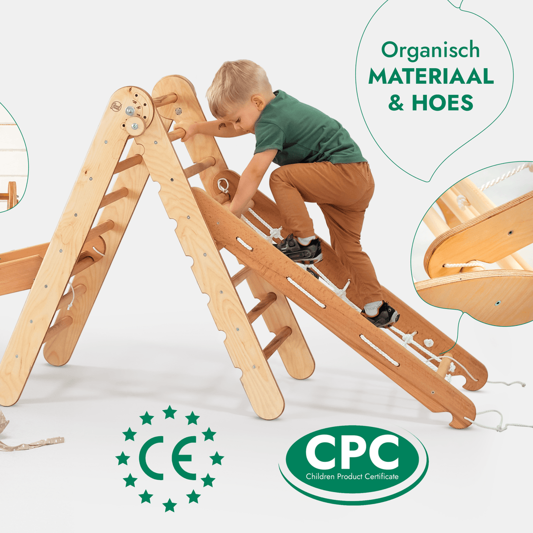 5-in-1 Montessori-Klimrek Set: Driehoek Ladder + Klimboog/Schommelstoel + Glijbaan/Helling + Touwennet + Kussen