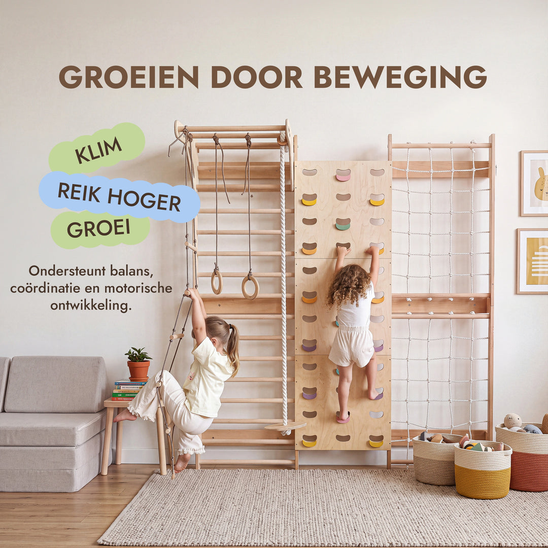 7-in-1 Klimmuur voor kinderen: klimrek, klimnet, optrekstang & 3in1 schommelset