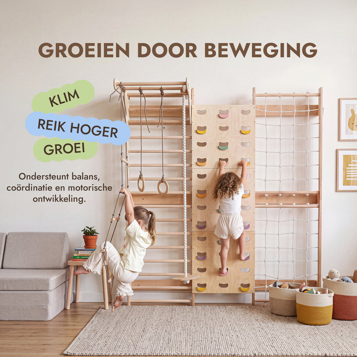 7-in-1 Klimmuur voor kinderen: klimrek, klimnet, optrekstang & 3in1 schommelset