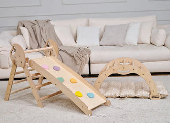 4-in-1 Klimset voor Peuters: Driehoek Ladder + Klimboog + Glijbaan + Kussen (1-3 jaar) - Pastel