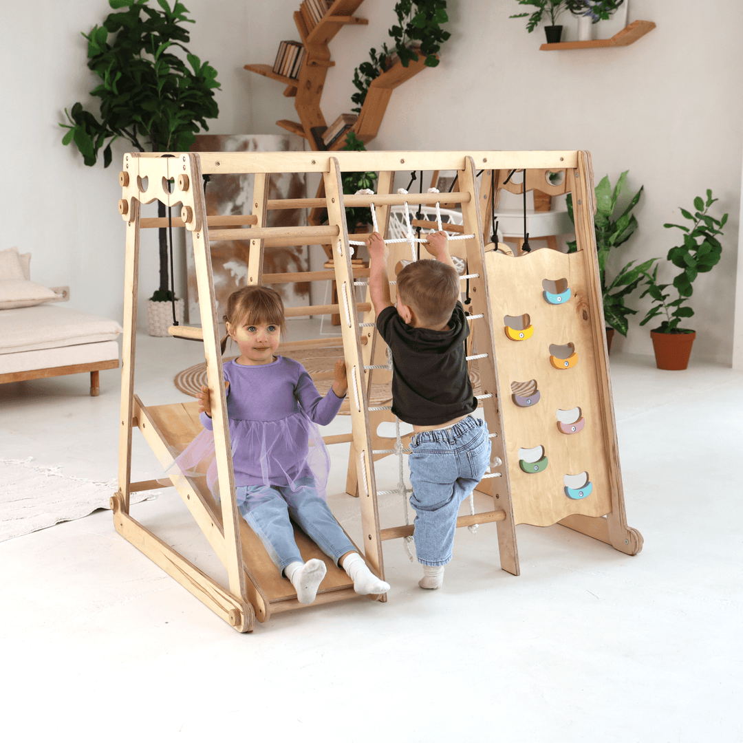 6-in-1 Houten Indoor-speelplaats voor Kinderen – Schommel, Glijbaan, Touw en Trap