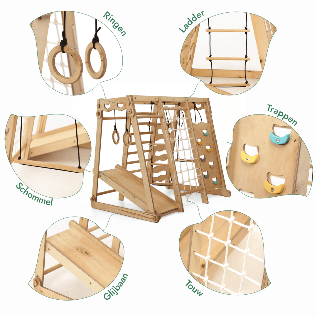 6-in-1 Houten Indoor-speelplaats voor Kinderen – Schommel, Glijbaan, Touw en Trap