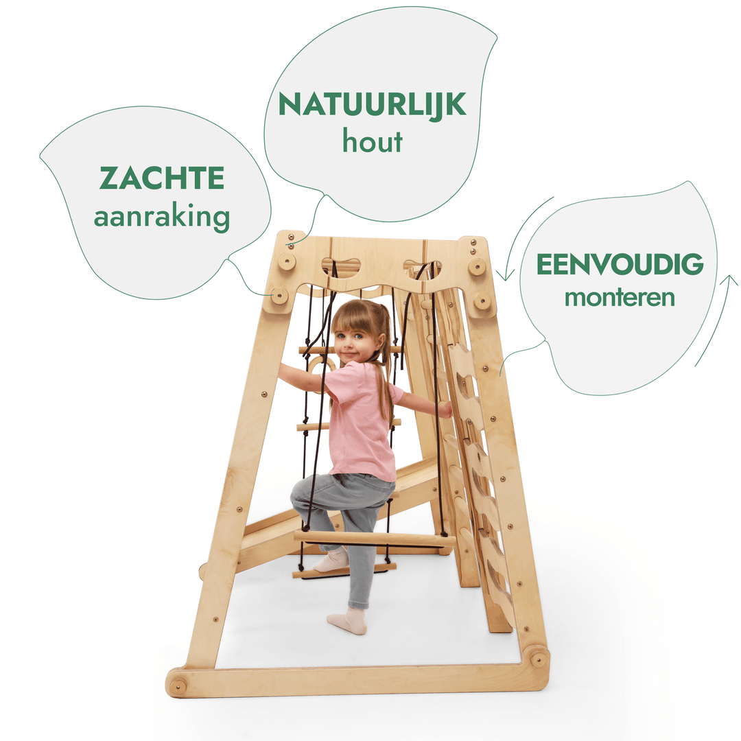 6-in-1 Houten Indoor-speelplaats voor Kinderen – Schommel, Glijbaan, Touw en Trap
