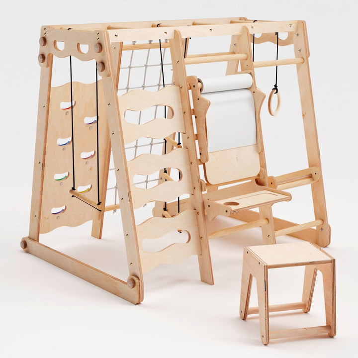 6-in-1 Houten Indoor-speelplaats voor Kinderen – Schommel, Glijbaan, Touw en Trap
