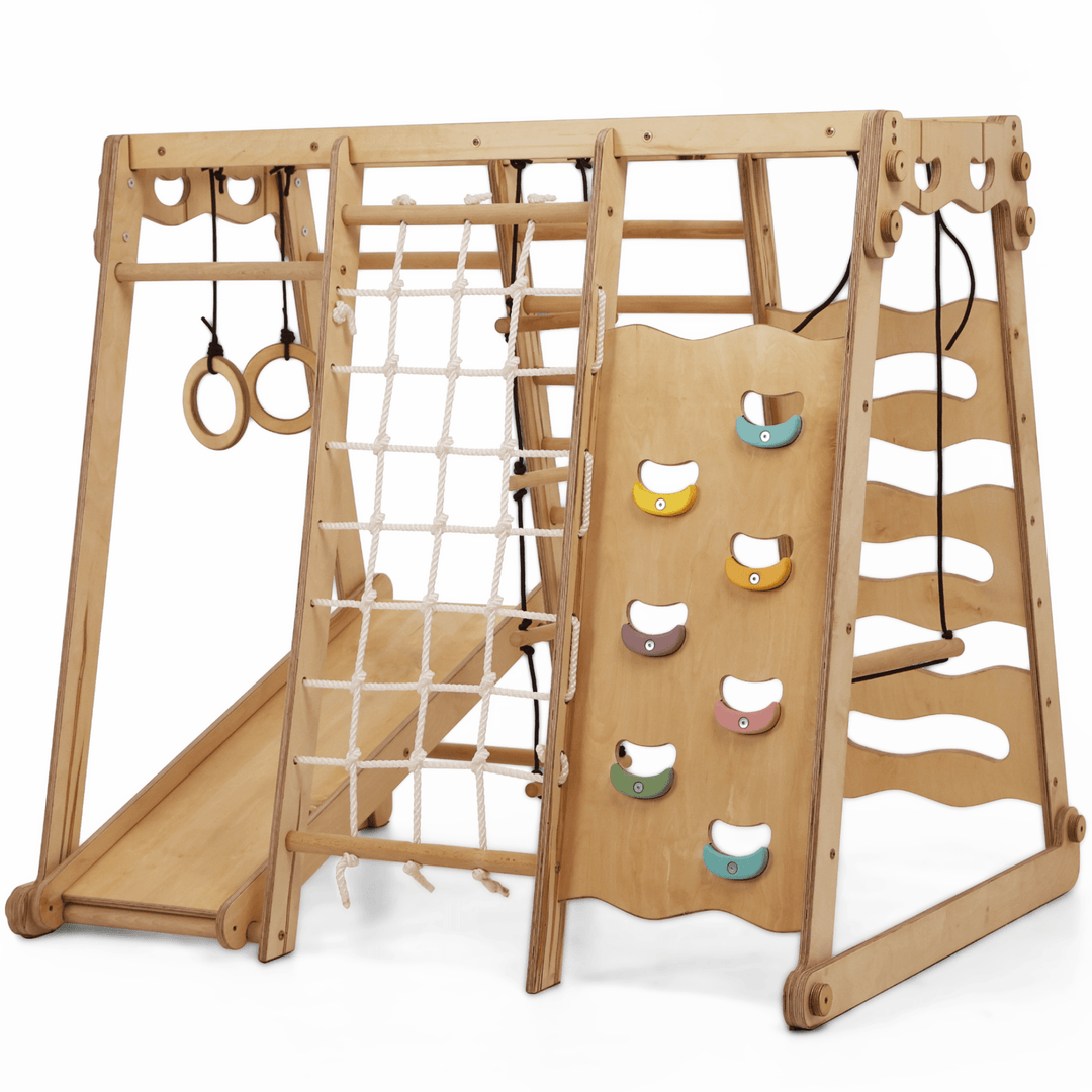 6-in-1 Houten Indoor-speelplaats voor Kinderen – Schommel, Glijbaan, Touw en Trap