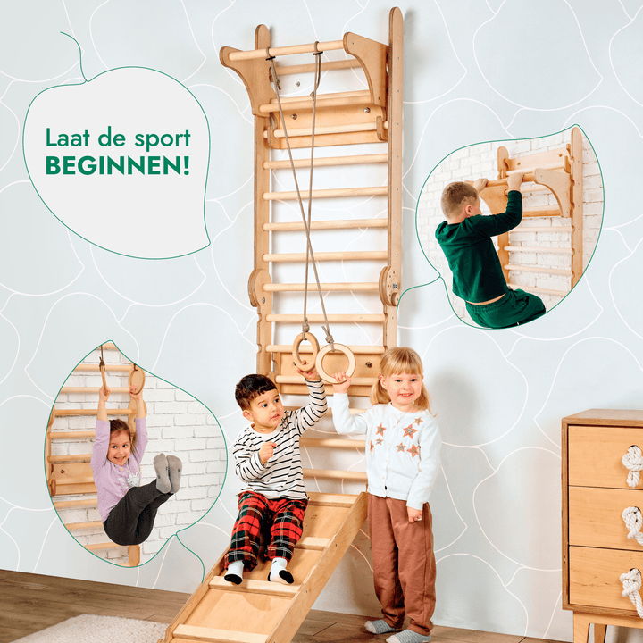 6-in-1 Houten Zweedse Wand-/Klimladder voor Kinderen + Schommel Set + Glijbaan