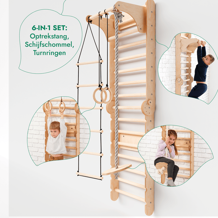 6-in-1 Houten Zweedse Wand-/Klimladder voor Kinderen + Schommel Set + Glijbaan