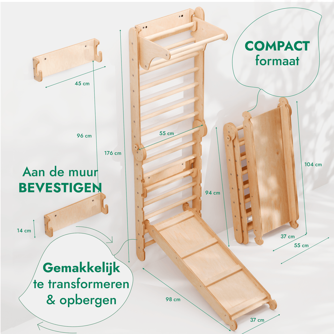 6-in-1 Houten Zweedse Wand-/Klimladder voor Kinderen + Schommel Set + Glijbaan