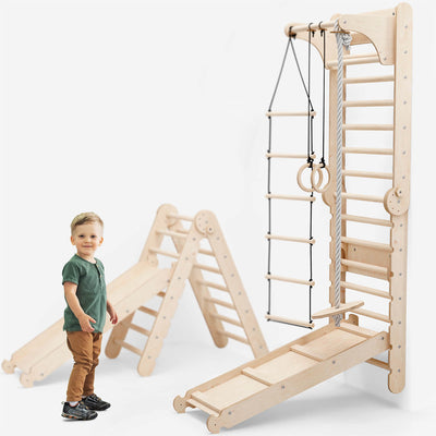 6-in-1 Houten Zweedse Wand-/Klimladder voor Kinderen + Schommel Set + Glijbaan