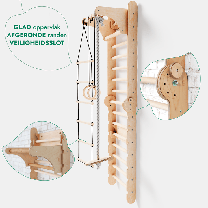 6-in-1 Houten Zweedse Wand-/Klimladder voor Kinderen + Schommel Set + Glijbaan