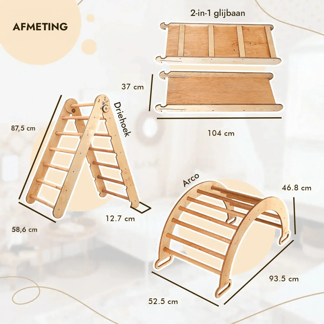 6-in-1 Montessori-Klimrek Set: Driehoek Ladder + Boog/Schommelstoel + Glijbaan/Helling + Net + Kussen + kunsttoevoeging