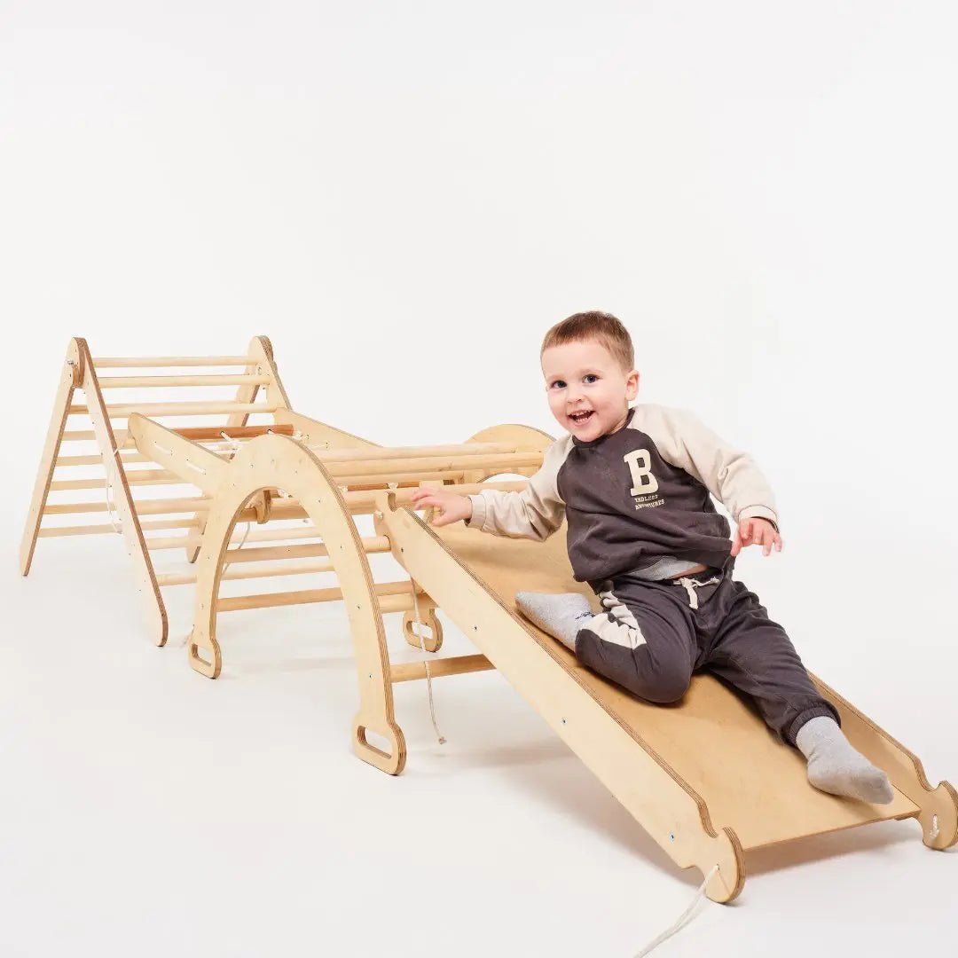 6-in-1 Montessori-Klimrek Set: Driehoek Ladder + Boog/Schommelstoel + Glijbaan/Helling + Net + Kussen + kunsttoevoeging