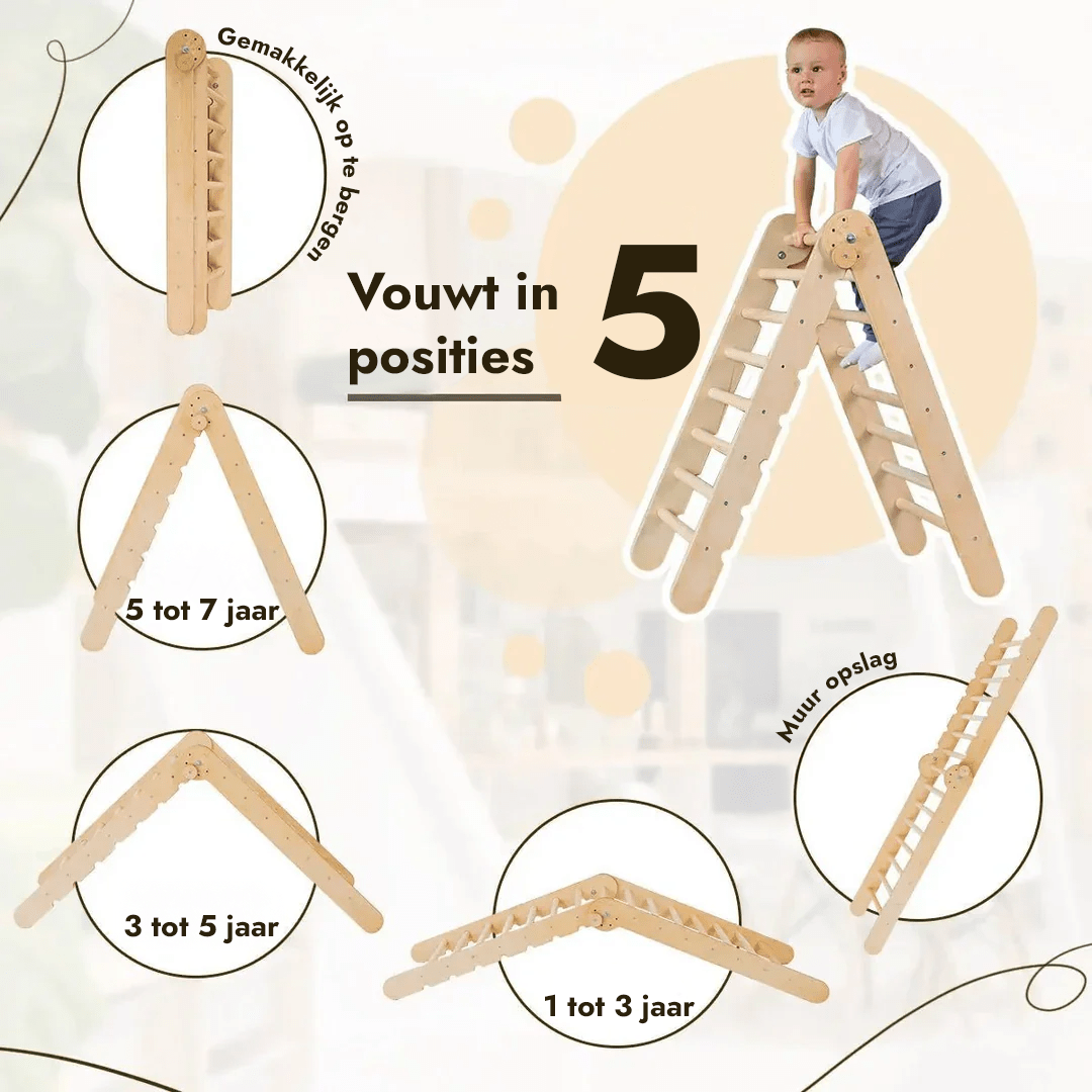 6-in-1 Montessori-Klimrek Set: Driehoek Ladder + Boog/Schommelstoel + Glijbaan/Helling + Net + Kussen + kunsttoevoeging