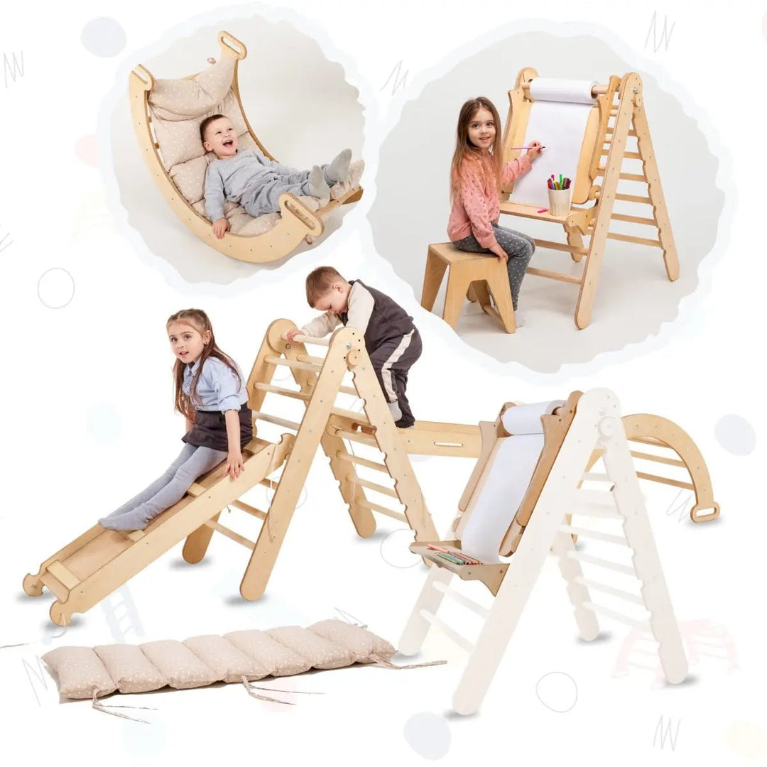 6-in-1 Montessori-Klimrek Set: Driehoek Ladder + Boog/Schommelstoel + Glijbaan/Helling + Net + Kussen + kunsttoevoeging