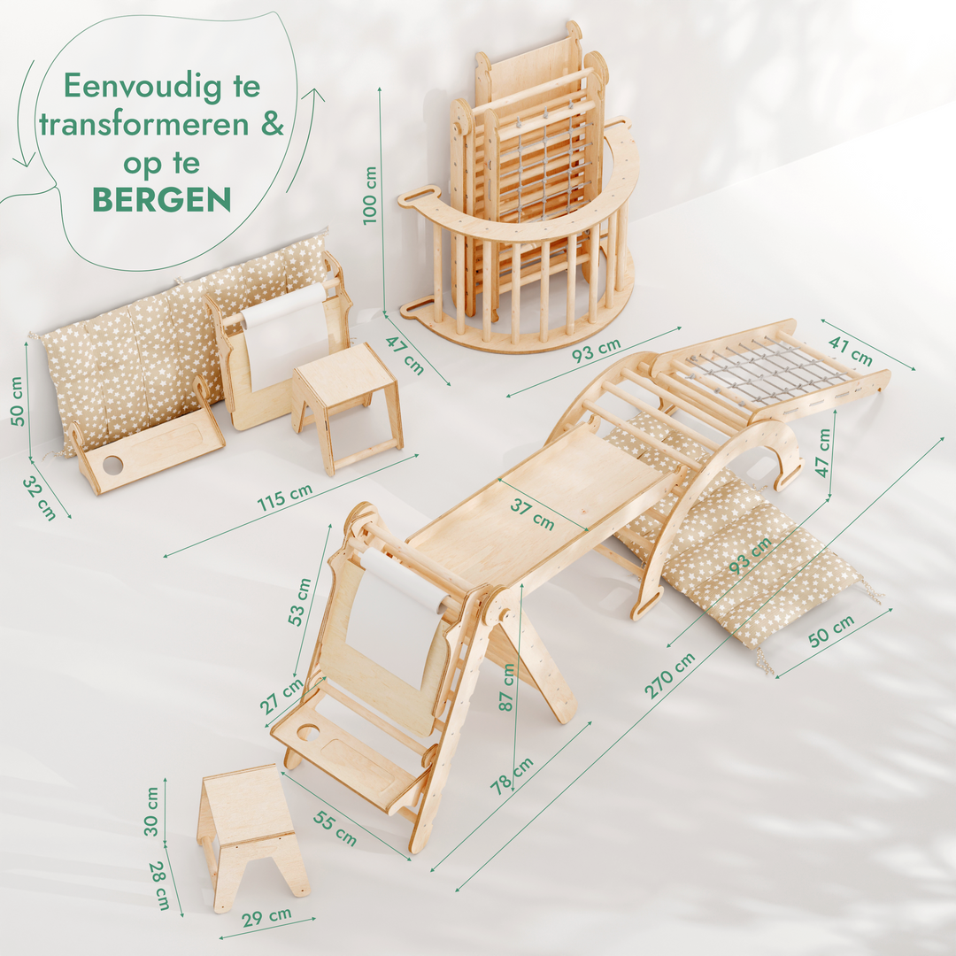 6-in-1 Montessori-Klimrek Set: Driehoek Ladder + Boog/Schommelstoel + Glijbaan/Helling + Net + Kussen + kunsttoevoeging