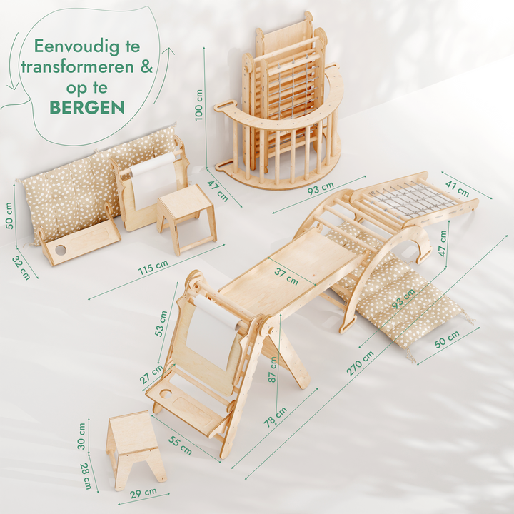 6-in-1 Montessori-Klimrek Set: Driehoek Ladder + Boog/Schommelstoel + Glijbaan/Helling + Net + Kussen + kunsttoevoeging