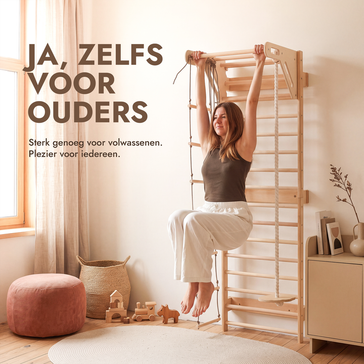5-in-1 Houten Klimrek voor kinderen met optrekstang & 3in1 schommelset