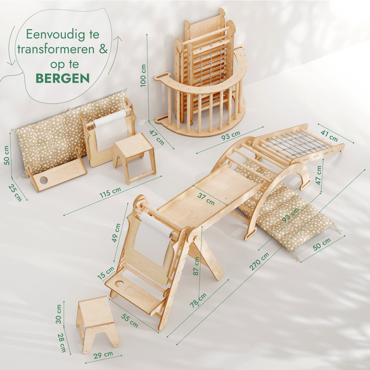 6en1 Ensemble d'Escalade Montessori : Échelle Triangulaire + Arche/Rocker + Toboggan/Rampe + Filet + Coussin + Ajout Artistique
