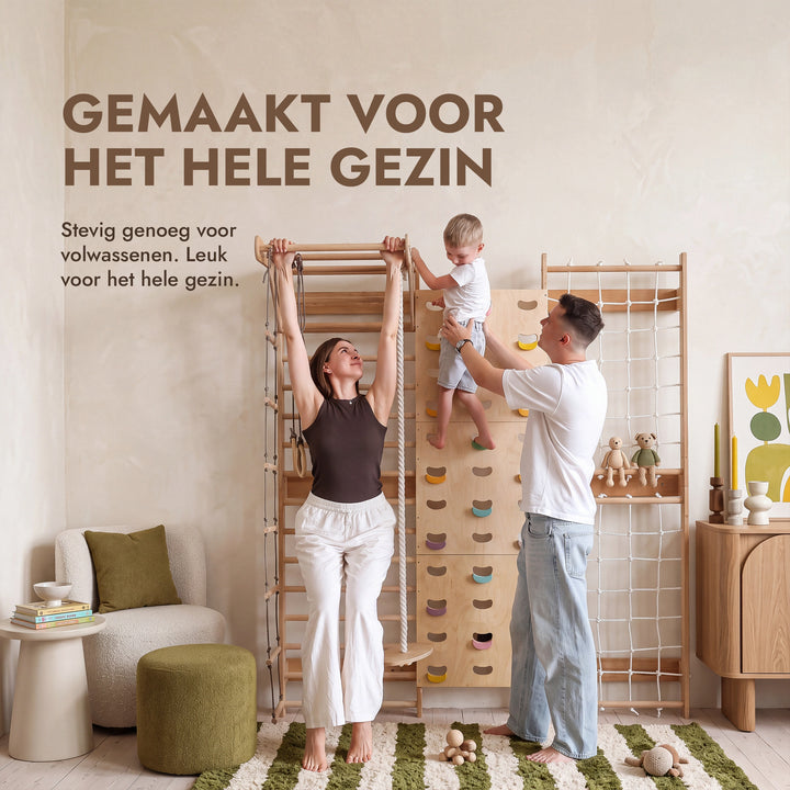 7-in-1 Klimmuur voor kinderen: klimrek, klimnet, optrekstang & 3in1 schommelset