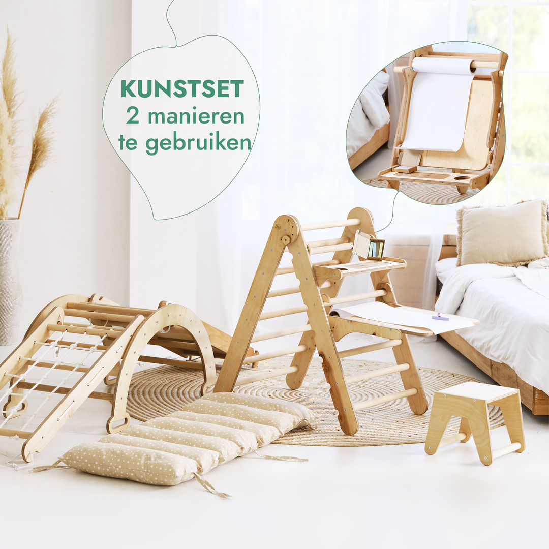 6-in-1 Montessori-Klimrek Set: Driehoek Ladder + Boog/Schommelstoel + Glijbaan/Helling + Net + Kussen + kunsttoevoeging