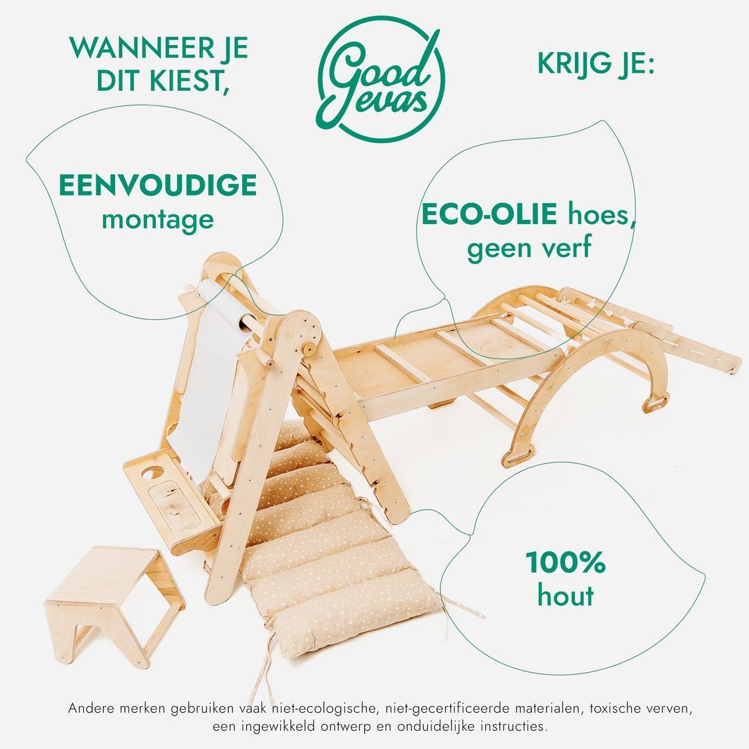 6-in-1 Montessori-Klimrek Set: Driehoek Ladder + Boog/Schommelstoel + Glijbaan/Helling + Net + Kussen + kunsttoevoeging