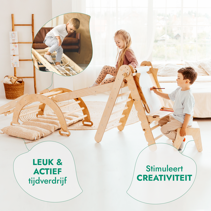 6-in-1 Montessori-Klimrek Set: Driehoek Ladder + Boog/Schommelstoel + Glijbaan/Helling + Net + Kussen + kunsttoevoeging