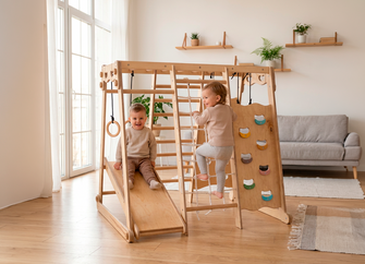 6-in-1 Houten Indoor-speelplaats voor Kinderen – Schommel, Glijbaan, Touw en Trap