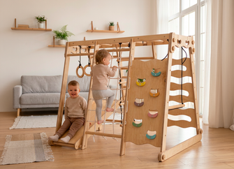 6-in-1 Houten Indoor-speelplaats voor Kinderen – Schommel, Glijbaan, Touw en Trap