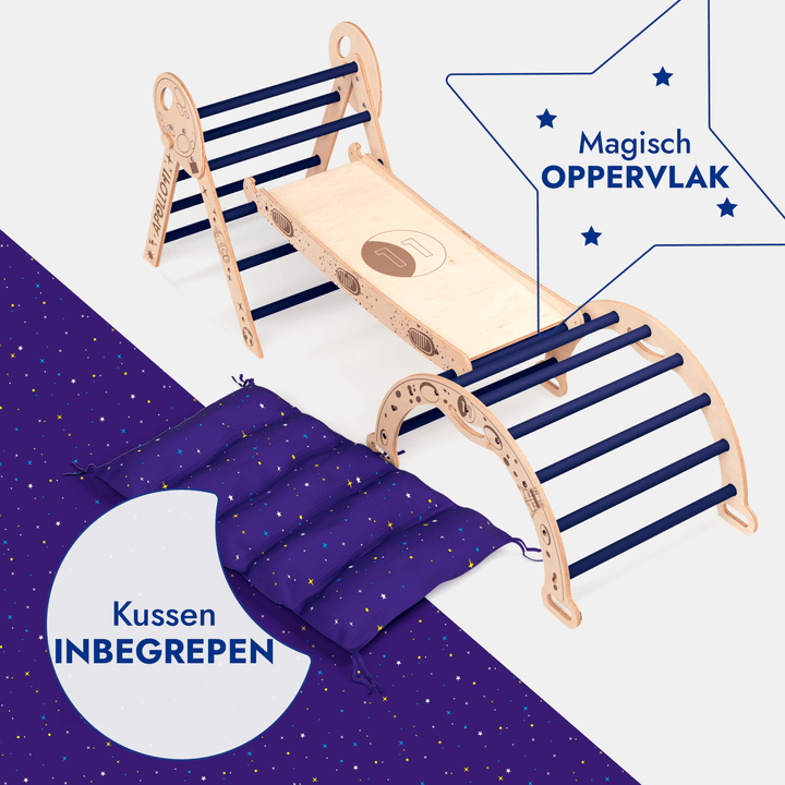 Apollo 4-in-1 Klimset: Pikler Driehoek, Boog, Glijbord en Kussen voor Kleine Peuterastronauten (1-3 jaar)