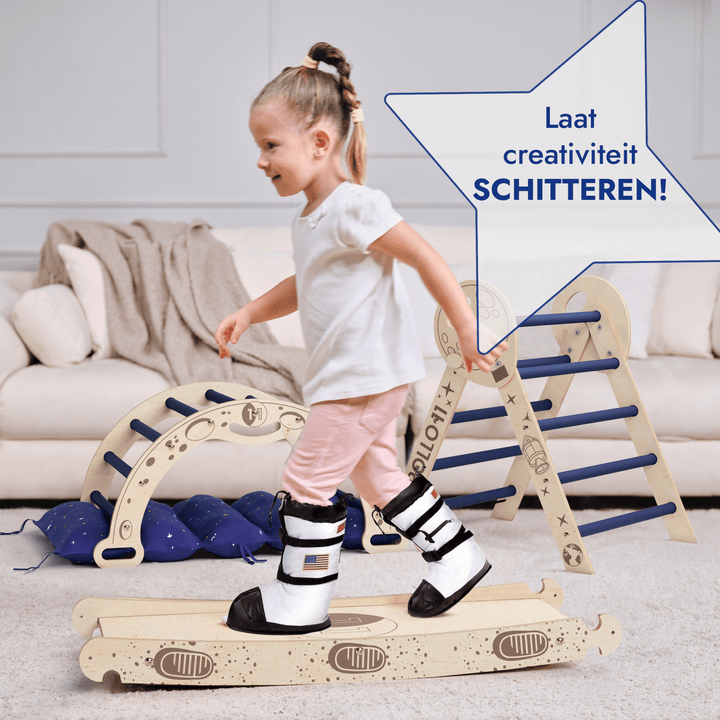 Apollo 4-in-1 Klimset: Pikler Driehoek, Boog, Glijbord en Kussen voor Kleine Peuterastronauten (1-3 jaar)