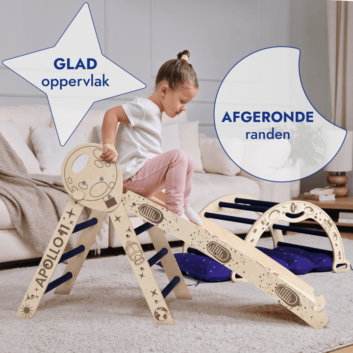 Apollo 4-in-1 Klimset: Pikler Driehoek, Boog, Glijbord en Kussen voor Kleine Peuterastronauten (1-3 jaar)
